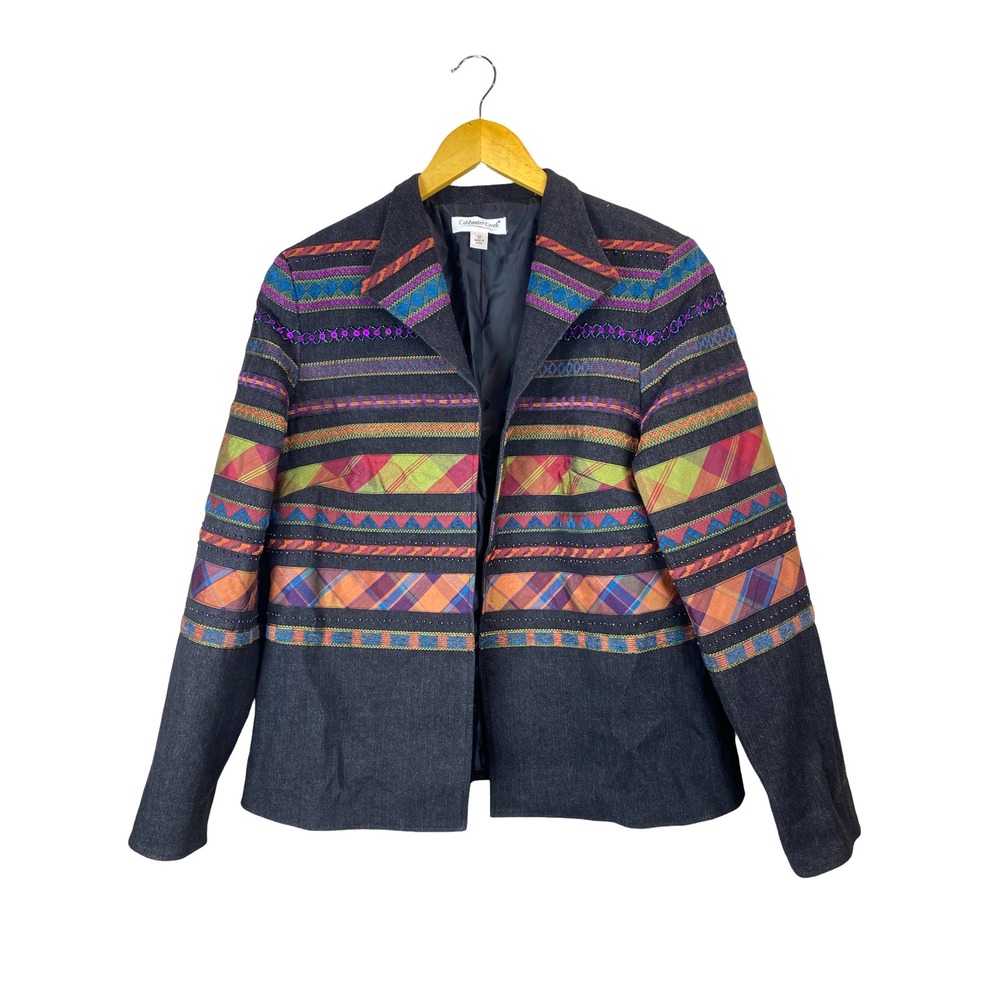 VTG Coldwater Creek Women Denim Blazer Jacket Embroidered Beaded 12 Artsy Boho